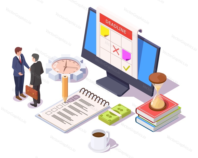 Business management vector. Businesspeople partner discussing weekly schedule. Computer with deadline calendar and planner organization meeting isometric design