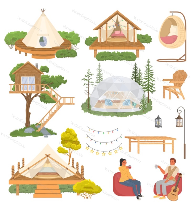 Glamping tent and houses for luxury weekend vector set. People tourist enjoy romantic comfortable rest on nature. Furniture and lounge area for outdoor tourism