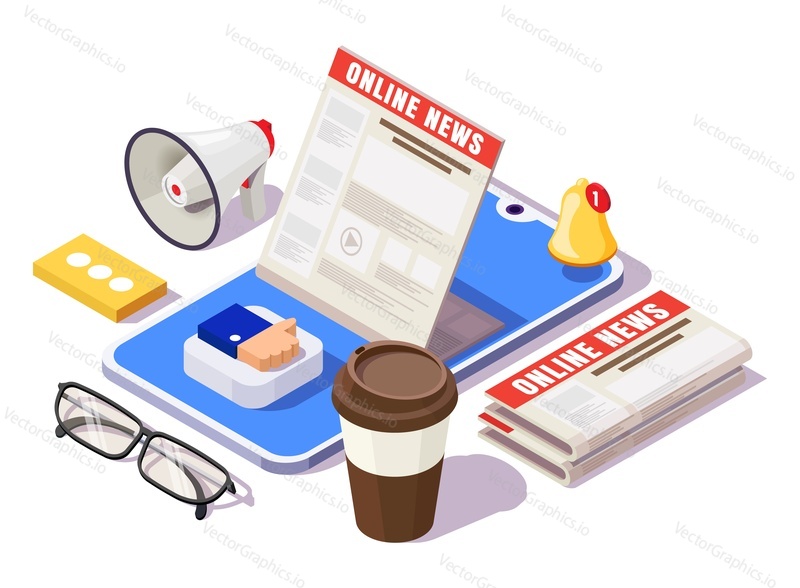 Online news vector. Reading latest or hot article by phone app smart service and newspaper. Isometric design