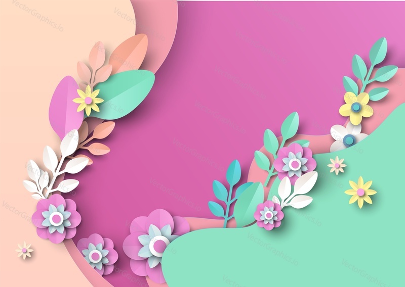 Paper cut spring flowers and leaves, vector illustration. Spring background. Floral banner, poster, flyer template with copy space.