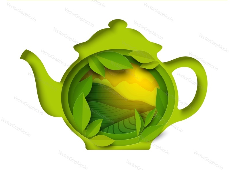 Tea pot vector. Herbal drink in kettle paper cut art design. Cafe or cafeteria logo. Traditional ceremony of aroma beverage brewing