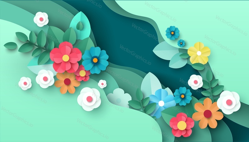 Paper cut spring flowers and leaves, vector illustration. Fresh spring nature background. Floral banner, poster, flyer template with copy space.