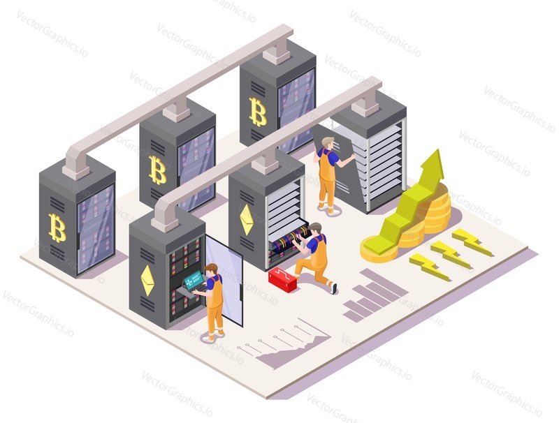 Engineers installing crypto mining farm in server room, data center, flat vector isometric illustration. Cryptocurrency digital money bitcoin, ethereum mining, blockchain technology.