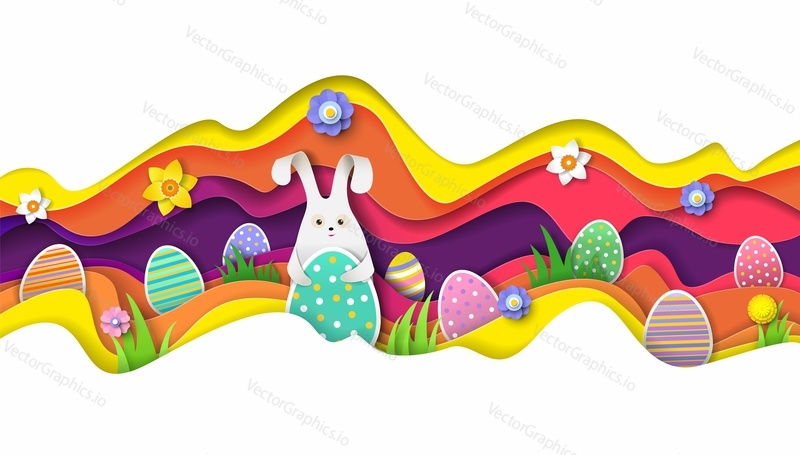 Милый кролик с пасхальными яйцами на цветном волнистом слоистом фоне, векторная иллюстрация в стиле бумажного искусства. Охота за яйцами, плакат с Днем Пасхи, шаблон баннера.