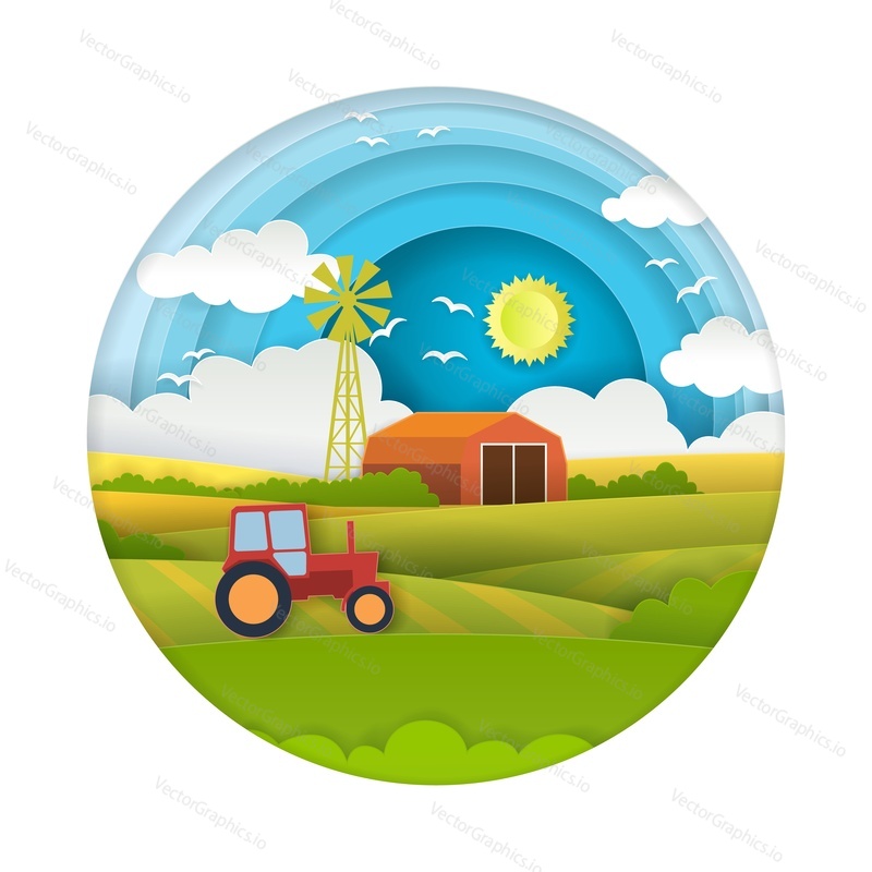 Логотип фермы. Векторное деревенское ранчо и полевой пейзаж. Природа и сельское хозяйство. Сельский дом, органический урожай и дизайн сельскохозяйственных угодий, на которых работает трактор