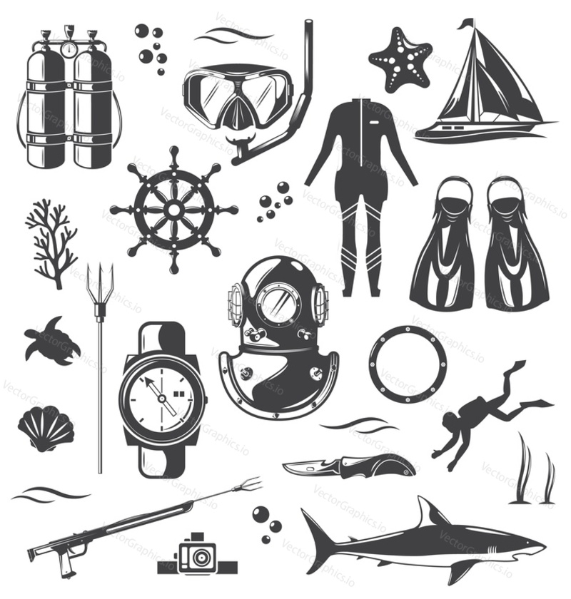 Scuba diving, snorkeling equipment and gear set, vector isolated illustration. Black and white diver, diving suit, mask, flippers, oxygen tank, aqualung, snorkel, marine animals etc.