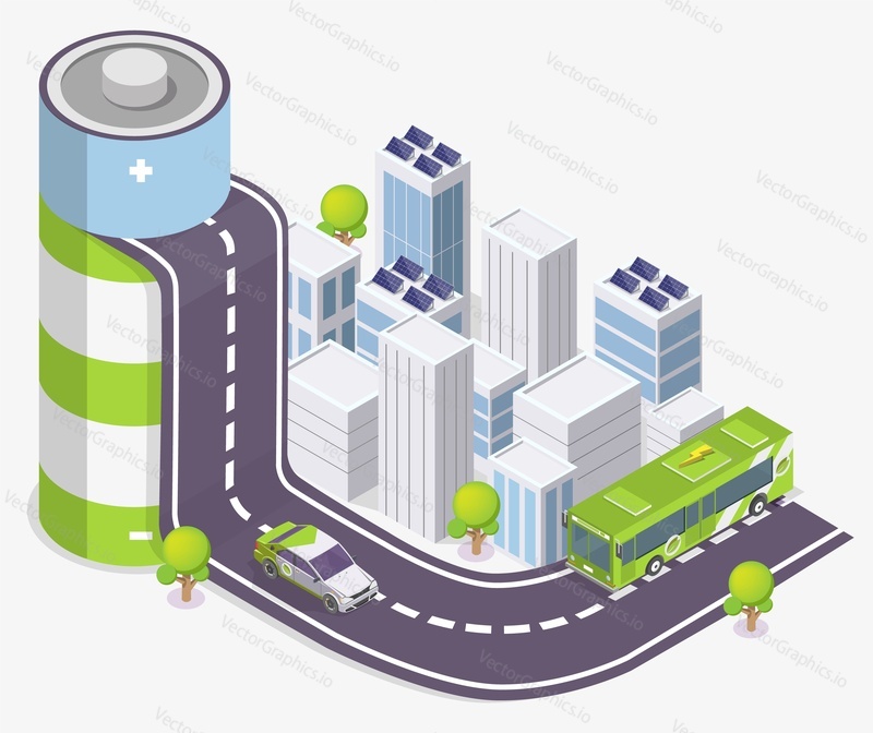 Isometric battery with electric car and city public bus on the road, solar panels on building roofs, flat vector illustration. Green energy. City eco transport, electric vehicles.