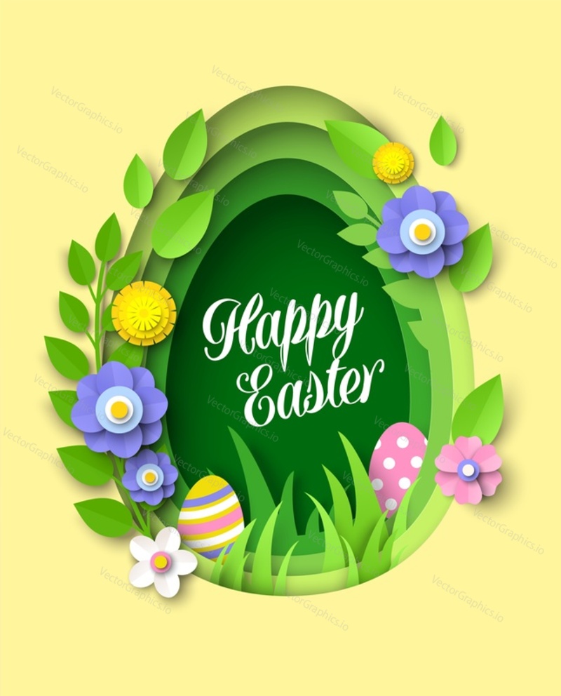 3d layered paper cut green egg shape frame with flowers, leaves and painted Easter eggs, vector illustration. Happy Easter greeting card design template.