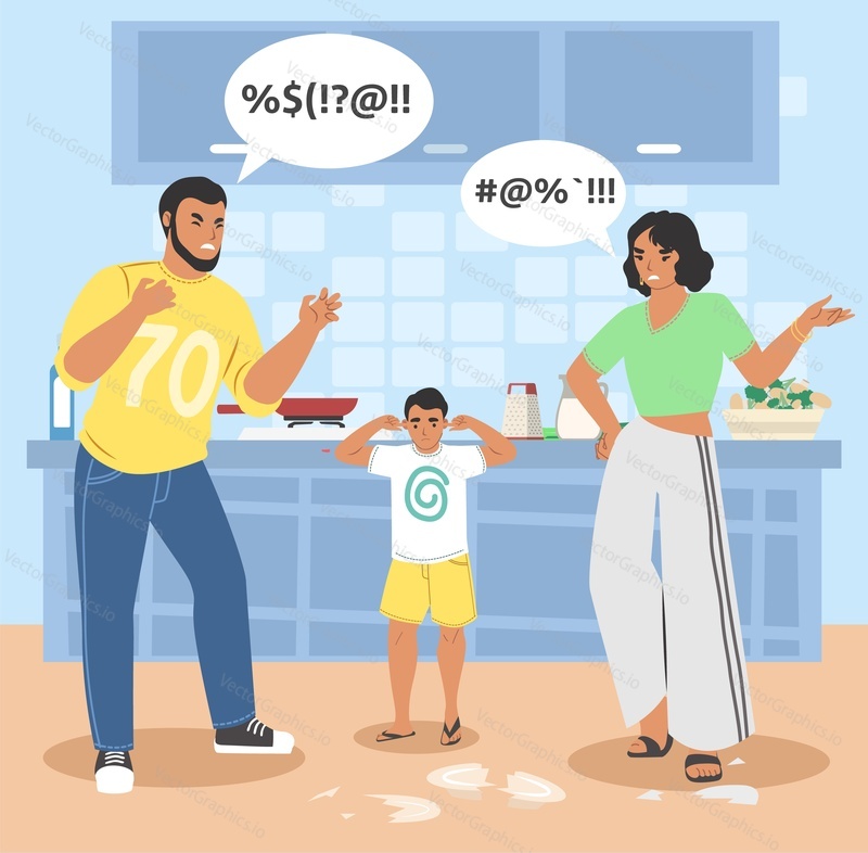 Family conflict scene, flat vector illustration. Unhappy couple quarreling, wife and husband, father and mother shouting on each other in presence of child. Problems in family relationships.