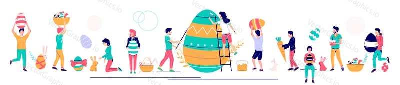 Happy Easter set, flat vector isolated illustration. People decorating eggs, carrying Easter baskets and painted eggs, feeding cute bunny with carrot. Spring holiday festival, fair.
