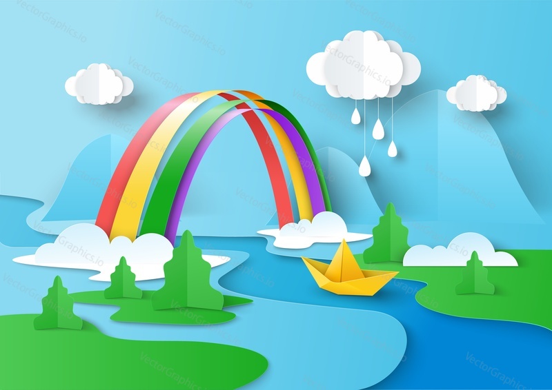 Дождливые облака в небе, красивая радуга, висящая над рекой, лодка, плывущая по воде, векторная иллюстрация в стиле бумажного искусства.