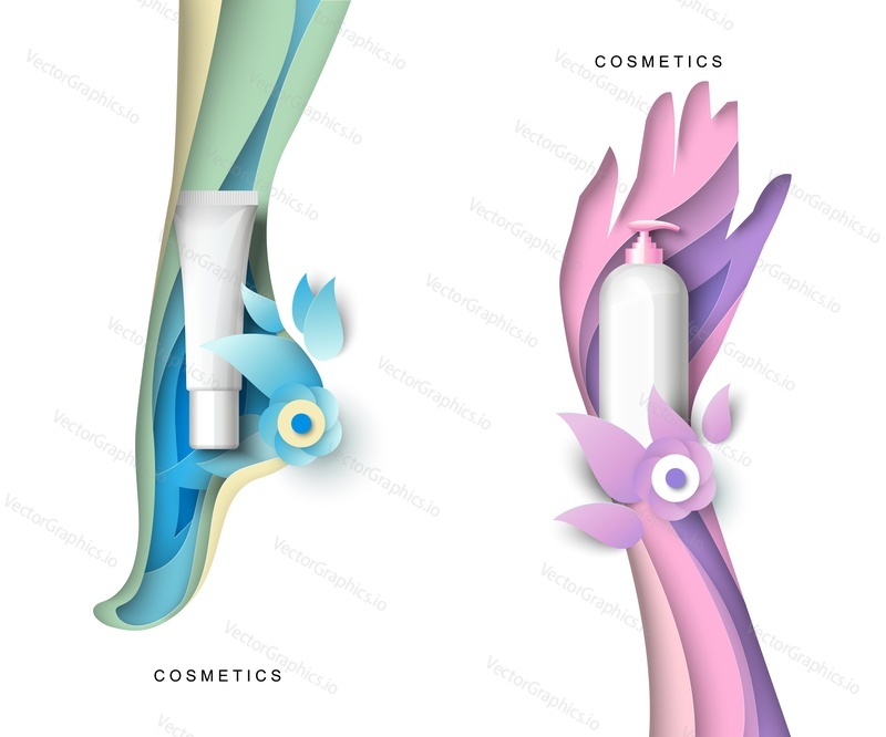Paper cut female leg and hand with flowers, realistic cosmetic cream tube and pump bottle, vector illustration. Hand and foot care products branding mockups, advertising.