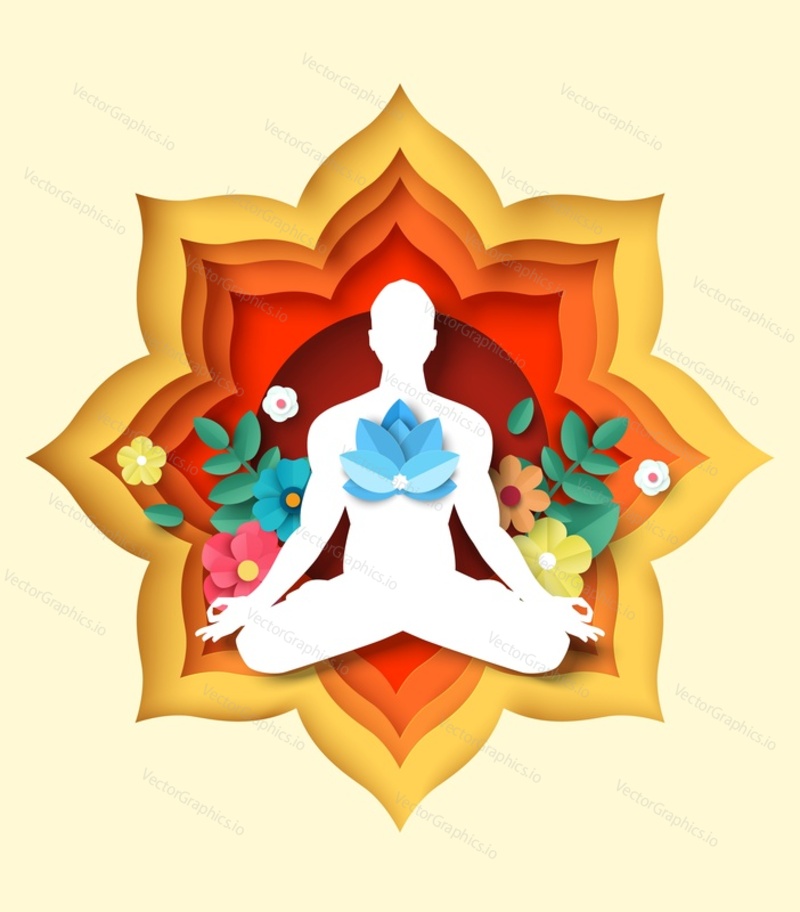Layered paper cut flower and man practicing padmasana sitting in lotus position, vector illustration in paper art style. Meditation, yoga classes, mental health, relaxation.