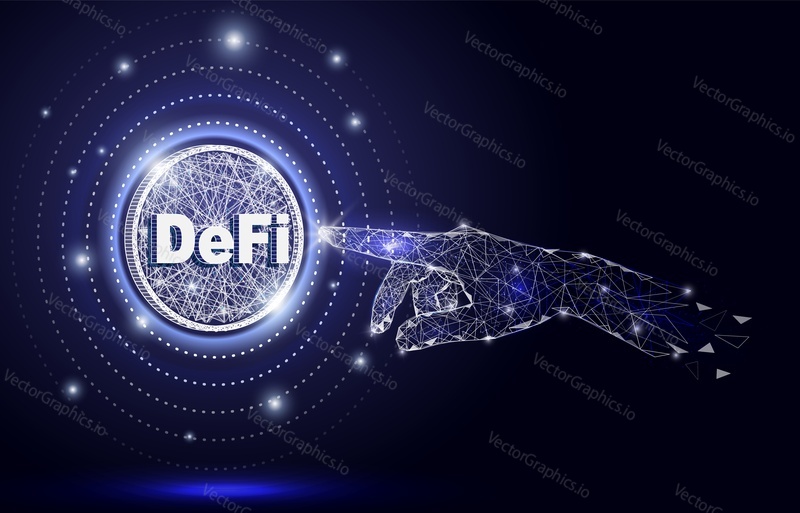 DeFi hand touch, low poly wireframe mesh, vector polygonal art style illustration. Decentralized finance tokens, cryptocurrency, blockchain technology.