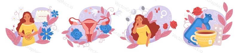 Female health and menstruation period vector scene. Isolated set with woman suffering from pms and stomach ache, uterus and first aid supplies during monthly bleeding