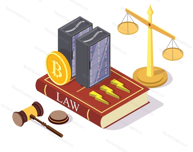 Законы и нормативные акты по крипто-майнингу, векторная иллюстрация. Изометрический биткоин, серверные стойки и юридические символы, книга законов, весы правосудия, молоток судьи. Законодательство о криптовалютах.