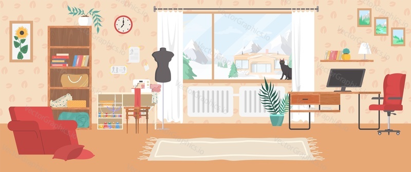 Living room interior, flat vector illustration. No people apartment, home workplace with desk, computer, sewing machine, cloth mannequin etc.