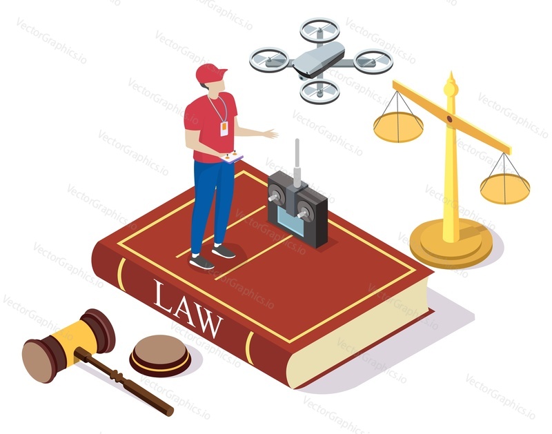 Drone laws, rules and regulations, vector illustration. Isometric drone operator, uav remote controller and legal symbols Law book, scales of justice, judge gavel.