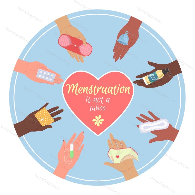 Menstruation not taboo vector. Female health poster with hands holding tampon, pads, hygienic napkin, panty, pills and contraceptives