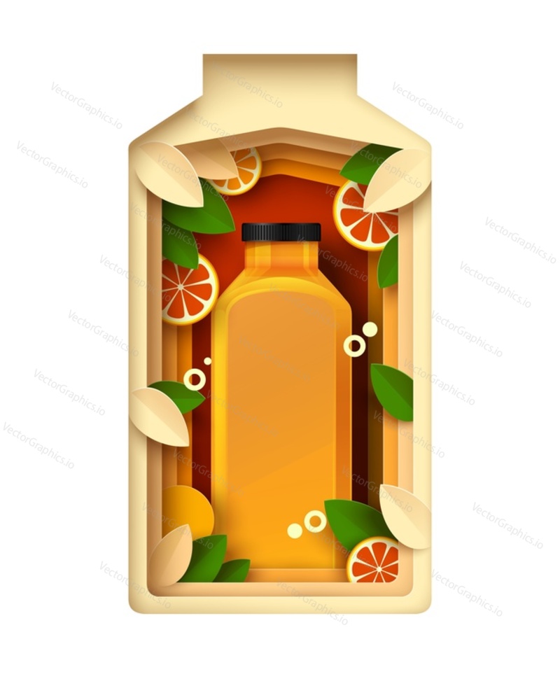 Paper cut packaging bottle with fresh lemon, orange slices and realistic juice bottle, vector illustration. Mixed citrus fruit juice drink branding mockup, advertising.