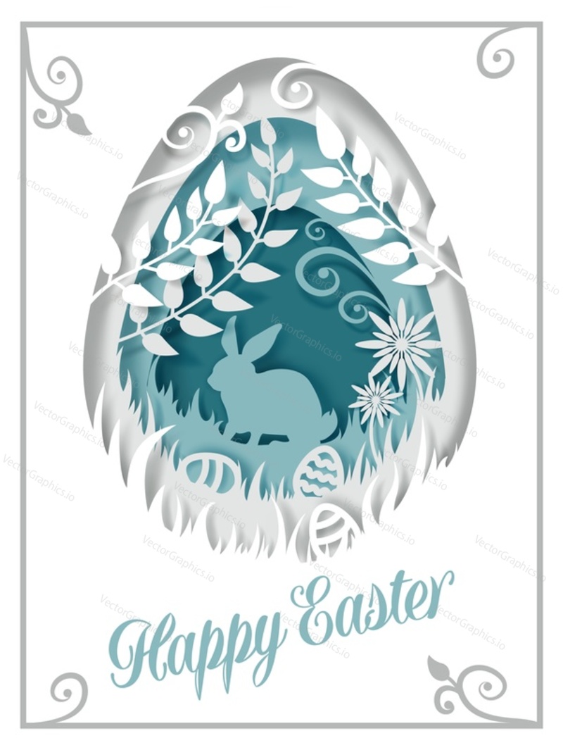 Easter egg with rabbit silhouette, flowers and leaves, vector illustration in paper art craft style. Happy Easter greeting card design template.