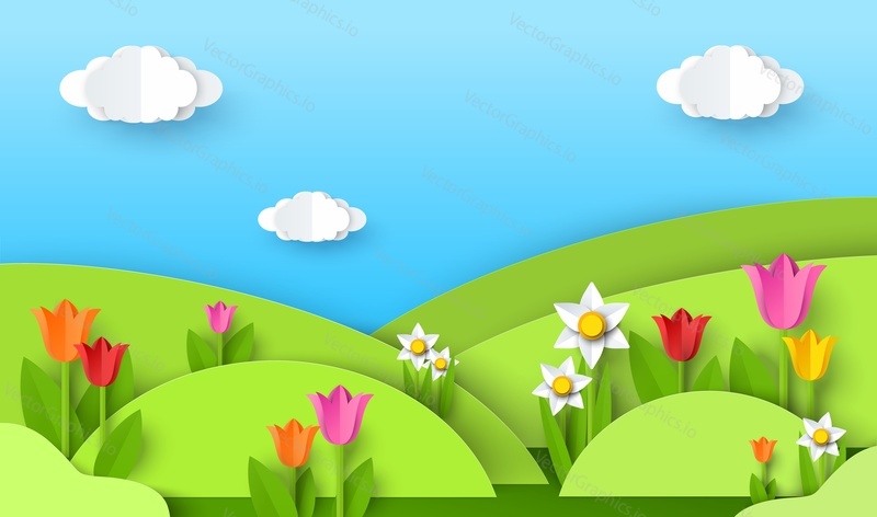 Холмы с зеленой травой, весенние цветы, голубое небо с белыми облаками, векторная иллюстрация в стиле бумажного искусства. Природный пейзаж, весенний фон.