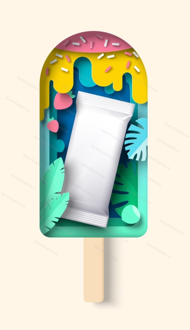 Paper cut ice cream on stick with strawberries, tropical leaves, realistic plastic packaging pouch, vector illustration. Fruit popsicle, summer sweet frozen dessert branding mockup, advertising.