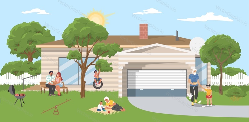 Family home outdoor rest in backyard, flat vector illustration. Grandparents, parents with kids on barbecue party or picnic. Happy family weekend, summer outdoor activity.