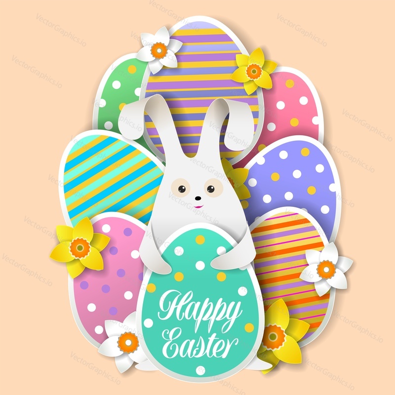Cute bunny with Easter eggs, flowers, vector illustration in paper art craft style. Happy Easter greeting card design template.