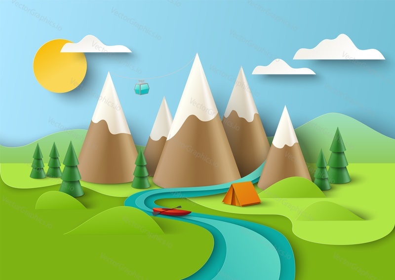 Горы с канатной дорогой, лес, лодка, палатка на берегу реки, векторная иллюстрация в стиле бумажного искусства. Горный кемпинг, шаблон плаката для летнего кемпинга.
