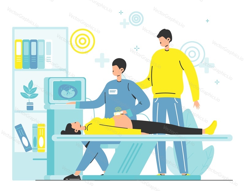 Doctor performing abdominal ultrasound test to pregnant woman visiting clinic with husband, flat vector illustration. Pregnancy ultrasound scan, checkup, sonography test.