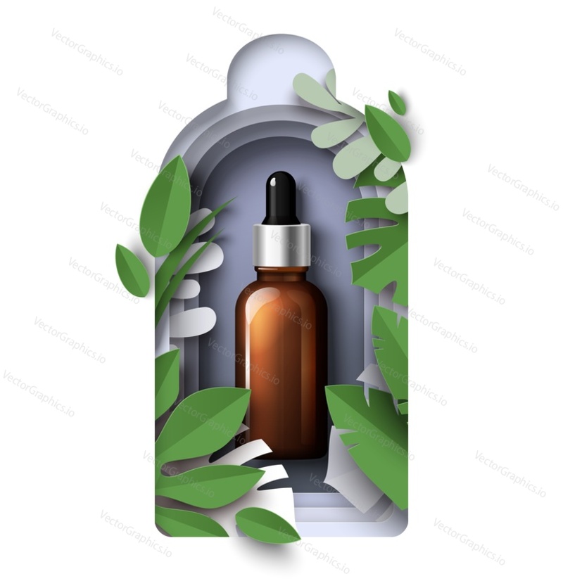 Paper cut cosmetic dropper bottle with tropical leaves, realistic essential oil, serum glass bottle with pipette, vector illustration. Organic aromatherapy oil, skin care product branding mockup, ads.