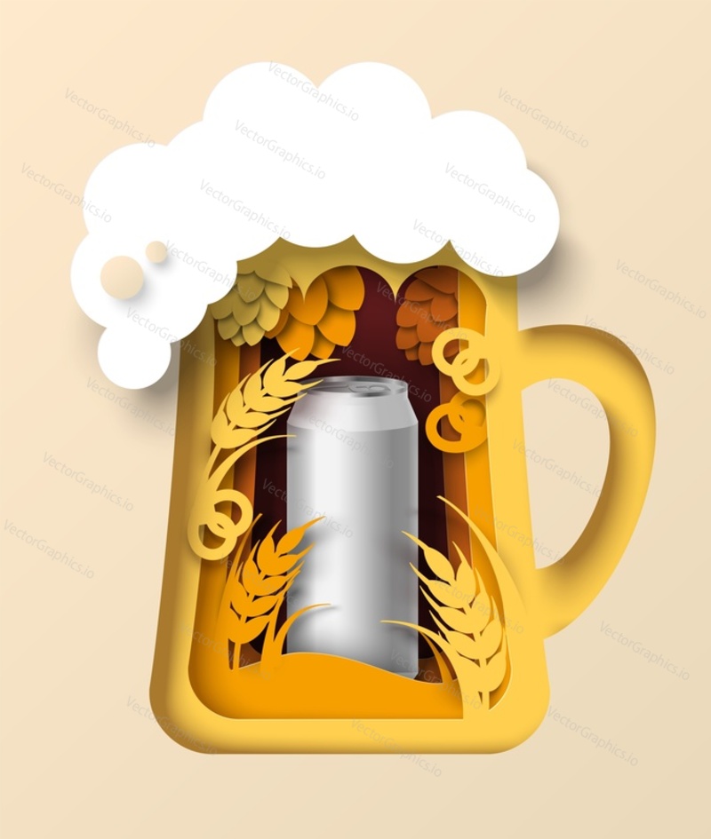 Paper cut beer mug with foam, wheat ears, hops and realistic aluminum can, vector illustration. Alcohol drink branding mockup, advertising.