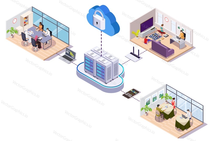 Connected to cloud storage business people work at office, at home and cafe, flat vector isometric illustration. Data storage, cloud computing technology. Remote work. Global outsourcing and teamwork.