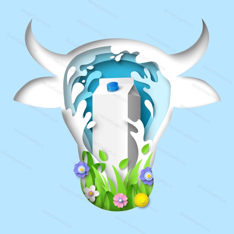 Cow head with milk carton box, splash and flowers, vector illustration in paper art style. Fresh milk and dairy products branding mockup, advertising.