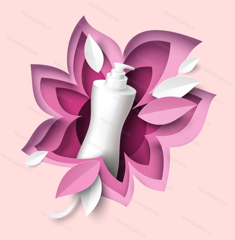 Paper cut flower with realistic plastic cosmetic pump bottle, vector illustration. Body lotion, soap. Beauty and skin care cosmetic product branding mockup, advertising.