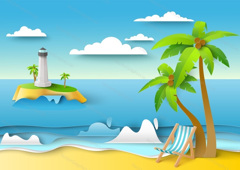 Красивый морской пейзаж с тропическим пляжем, маяком, векторная иллюстрация в стиле бумажного искусства. Летний пляжный отдых, туризм, путешествия.