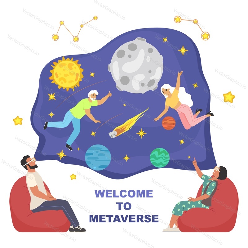 Man and woman in VR glasses sitting in armchairs and interacting with virtual reality, flying in outer space, flat vector illustration. Metaverse or digital world.
