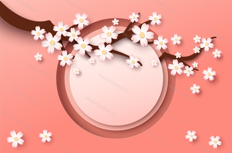 Paper cut sakura tree branch with blooming flowers, cherry blossom and circle frame, vector illustration. Spring background, floral banner, poster, flyer template with copy space.