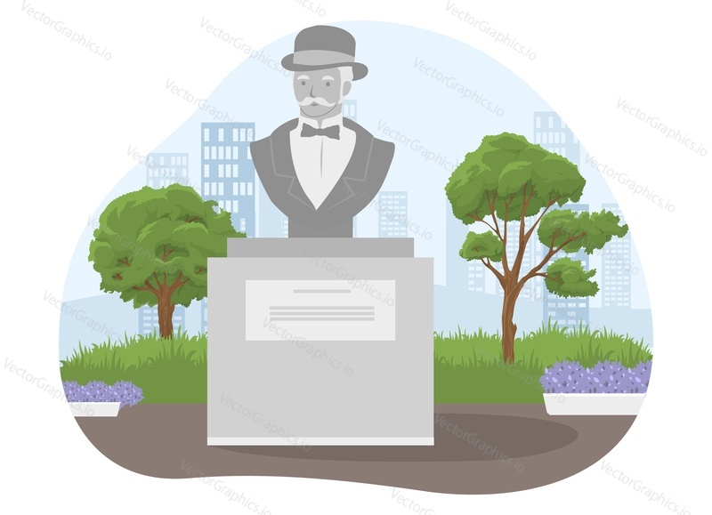 Памятник известному человеку в городском парке, плоская векторная иллюстрация. Скульптурный бюст пожилого мужчины в шляпе-котелке, смокинге и галстуке-бабочке.