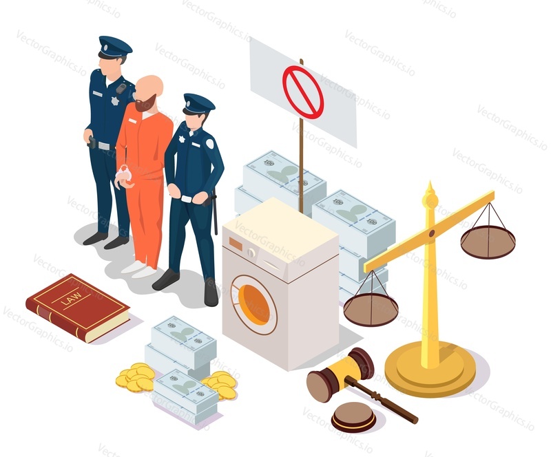 Anti money laundering, law and justice 3d vector scene. Policeman and offender illustration. Stop corruption, illegal business and financial fraud concept