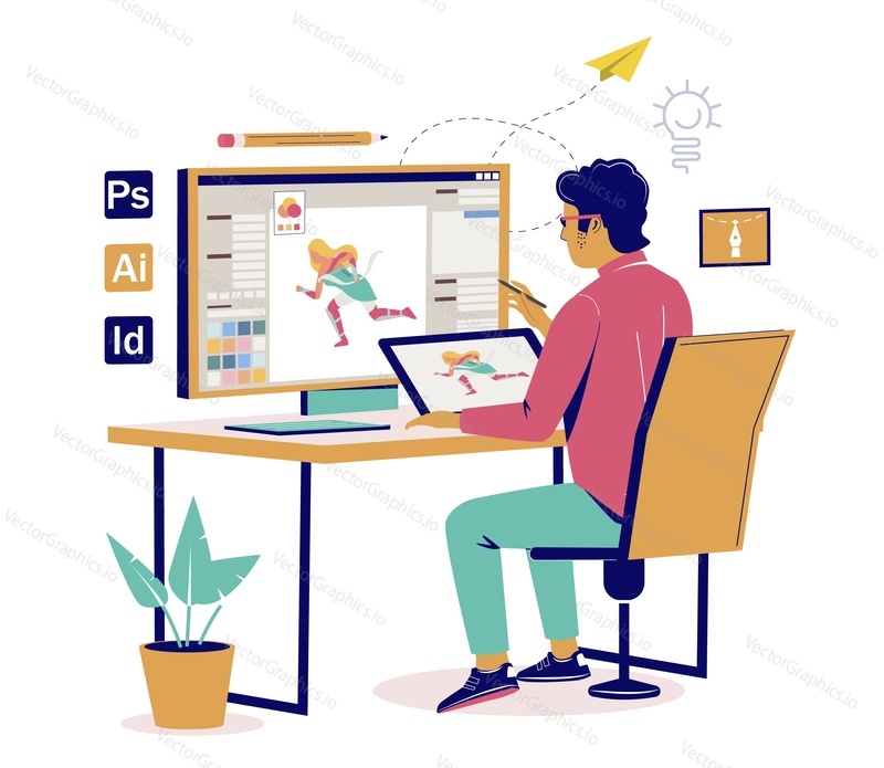 Graphic illustrator working at computer vector. Busy man creative worker illustration. Freelancer at home workspace using software for game asset creation. Graphic design and development