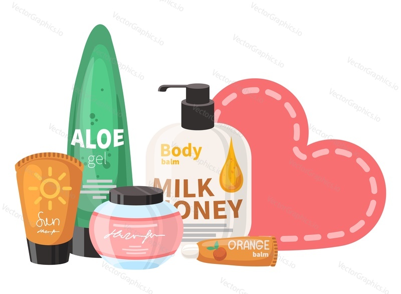 Body skin cosmetics vector. Eye gel, balm, sunscreen cream in bottles, tubes and jars illustration. Organic beauty product for skincare and hygiene. Promotion and advertising concept