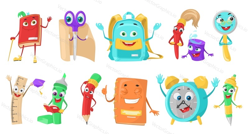 School mascot characters set. Education items vector illustration. Funny cartoon children supplies for study with happy smile isolated on white background. Back to school