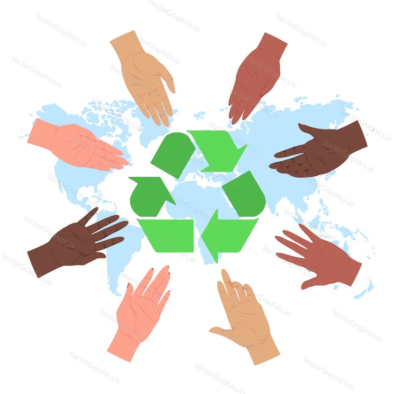 Global save planet vector. Human hands over world map and green arrow recycle symbol illustration. Waste recycling and sorting for ecology protection concept