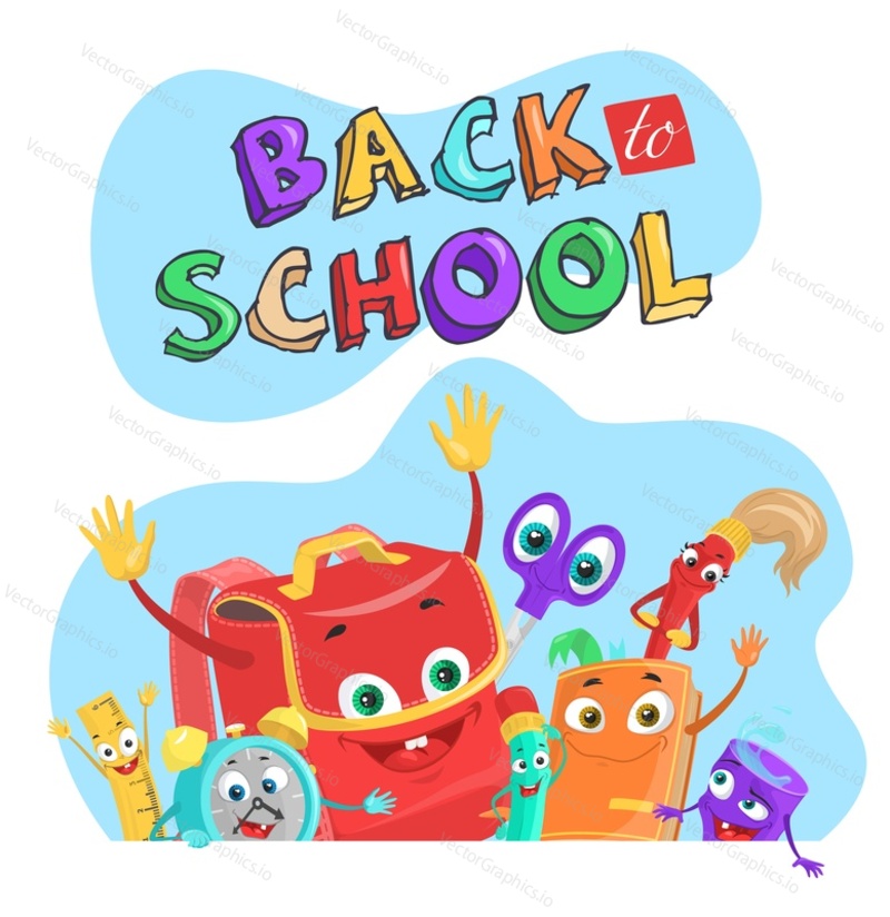 Back to school vector illustration with education items mascot. Happy smiling scissors, paints, paintbrush, ruler, alarm-clock, textbook, schoolbag, pen and pencil character