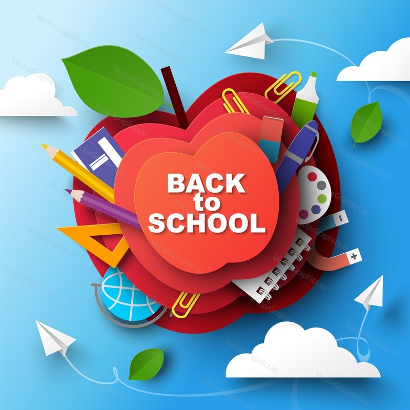 Back to school paper art style vector design. Poster with papercut apple and study supplies. Online education and e-learning concept. Welcome and greeting banner for advertisement and promotion
