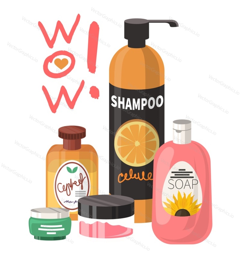 Cosmetics vector background for beauty shop. Skin body and face, hair care product packaging illustration. Wow sale and discount advertisement template