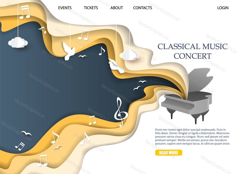 Вектор целевой страницы рекламы концерта классической музыки. Иллюстрация дизайна в стиле вырезания из бумаги пианино и вылетающих музыкальных нот. Шаблон веб-баннера, макет страницы веб-сайта