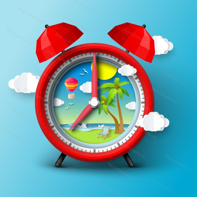 Time to travel vector poster with alarm clock design illustration. Paper cut craft style watch with tourist tent on tropical sea beach resort. Summer vacation concept